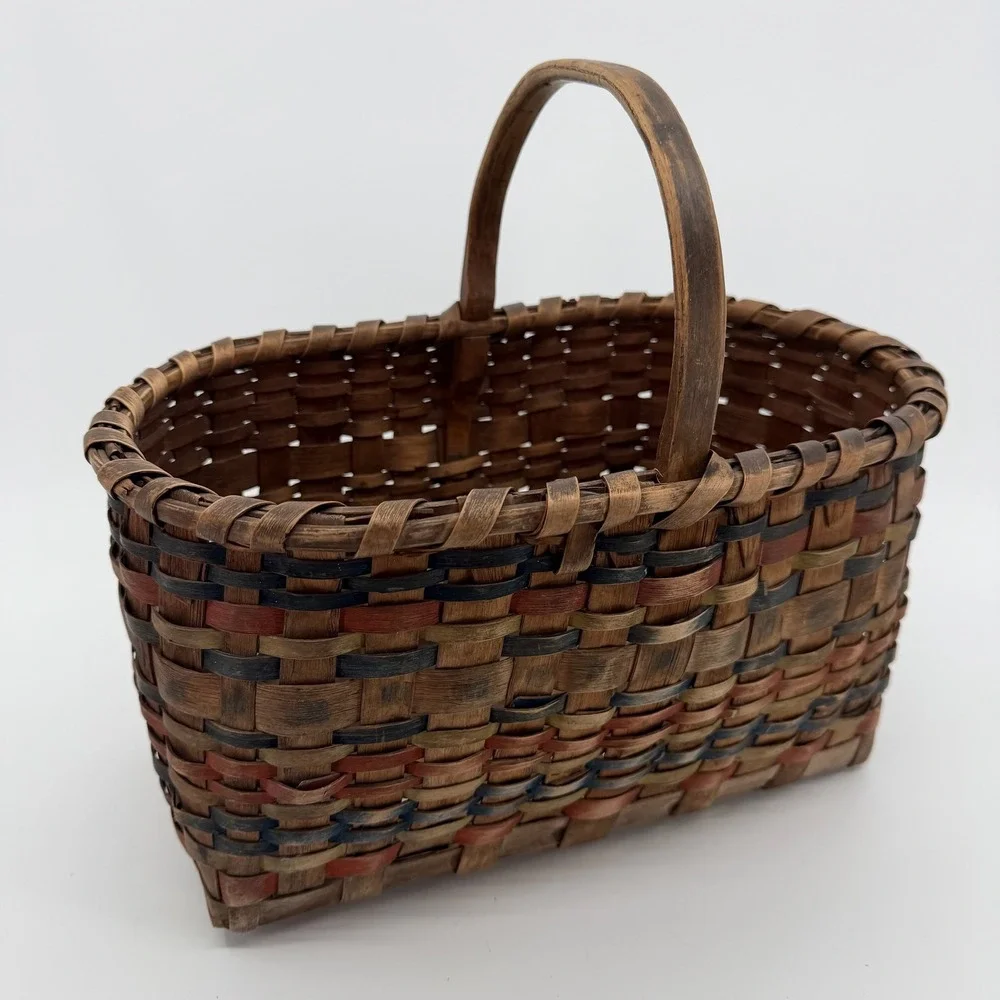 Vtg Hand Woven Splint Oak Gathering Basket Bentwood Handle Primitive Farmhouse